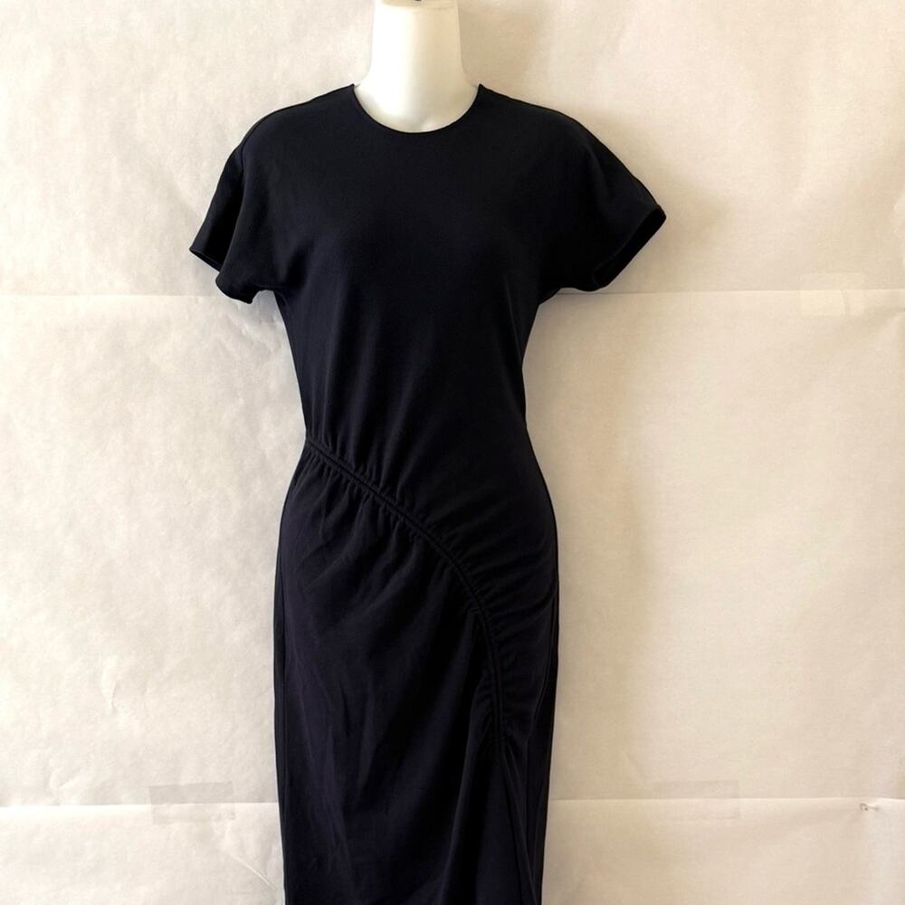 Hugo Boss Navy Ruched Sheath Dress Size 0 Short Sleeve Midi Workwear Office Chic
